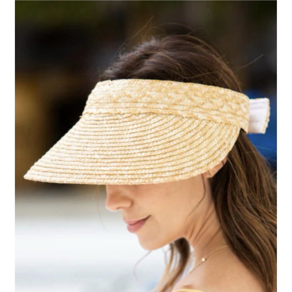 Scala Raffia Visor 4" Brim Beige Solid Logo Women’s One Size Sun Hat